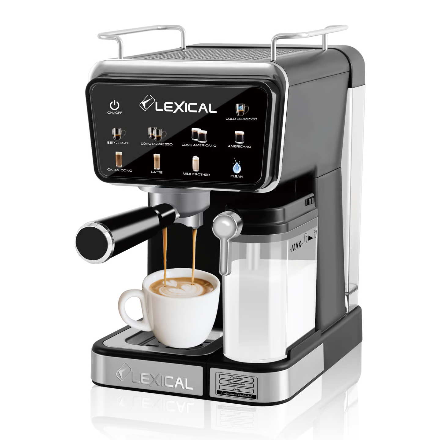 Lexical 1350W Espresso Coffee Machine | Milk Frother & Coffee Powder System